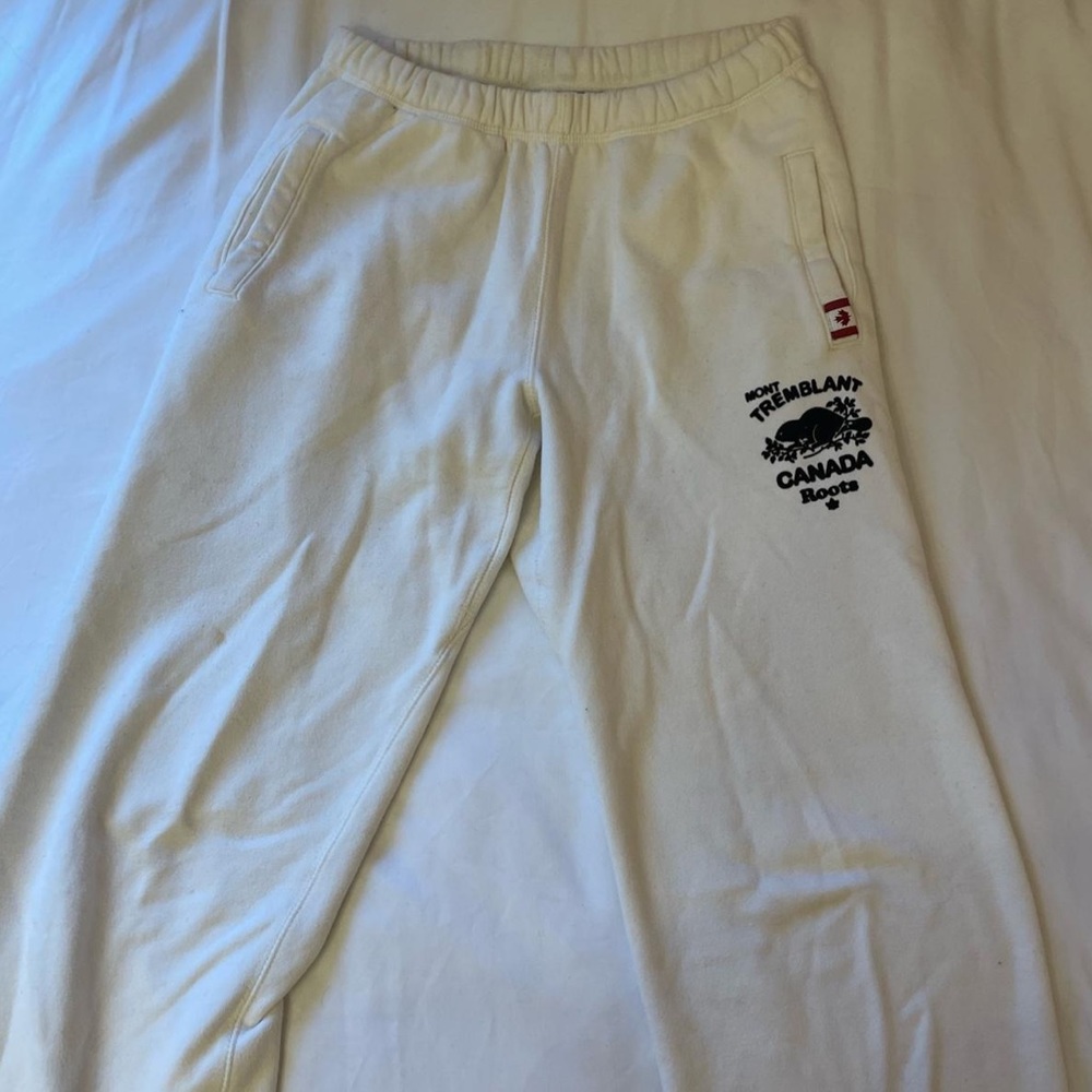 Roots Mont Tremblant White Track Pants with Graphic Design